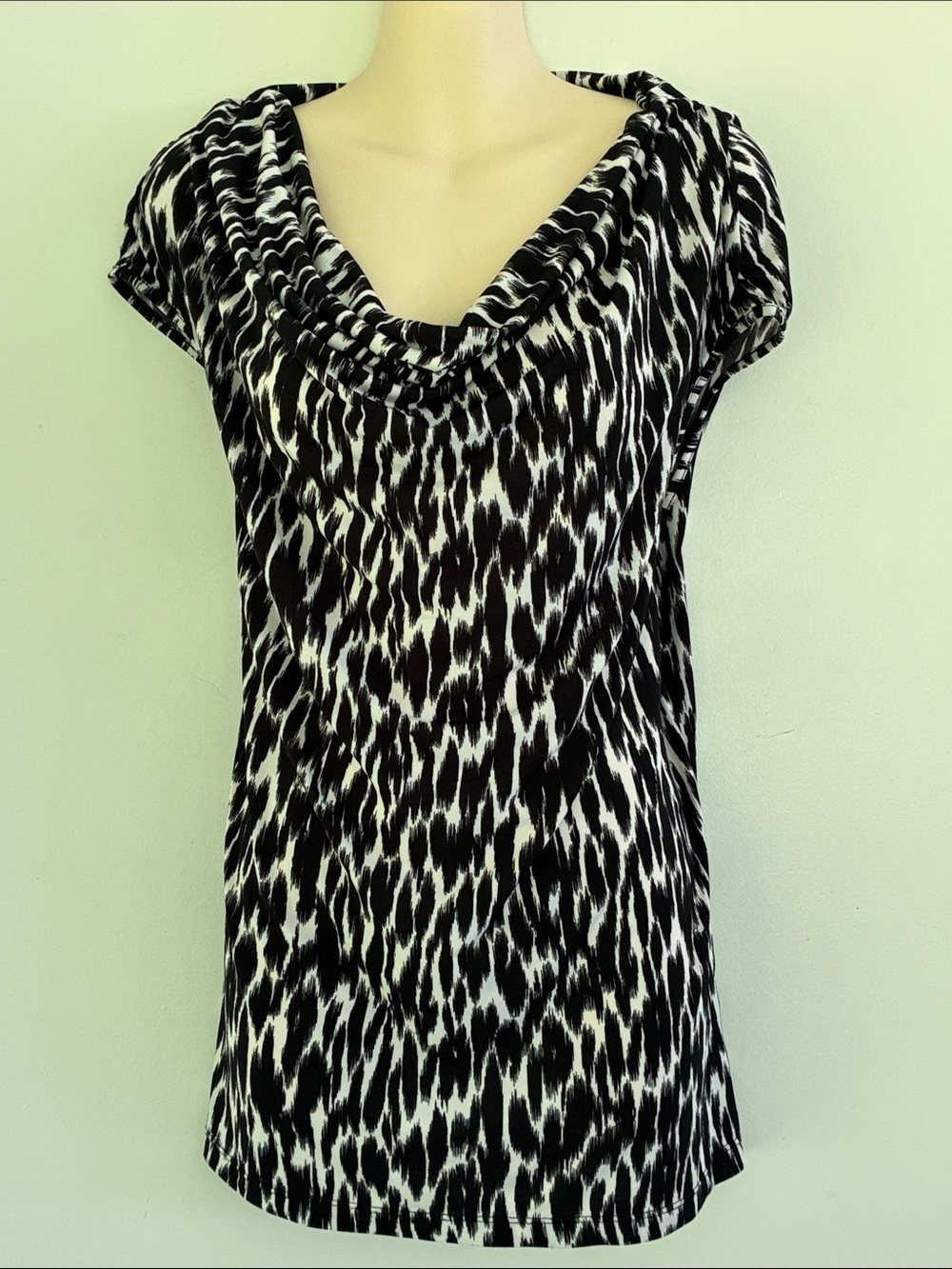 Anne Klein Women's Black & White Animal Print Cowl Neck Top XL
